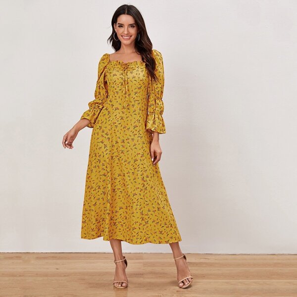 

Ditsy Floral Print Zip Back Flounce Sleeve Dress, Yellow
