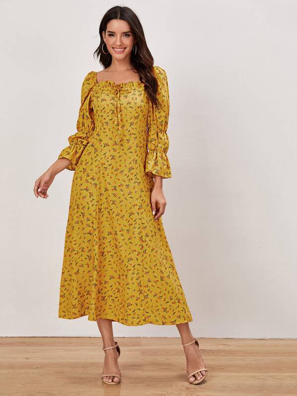 

Ditsy Floral Print Zip Back Flounce Sleeve Dress, Yellow, Juliana