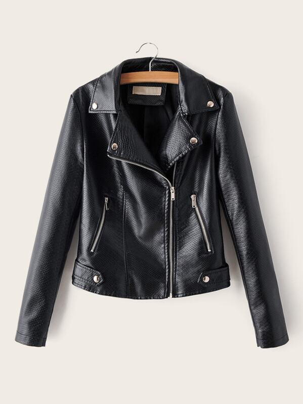 

Zip Detail PU Biker Jacket, Black