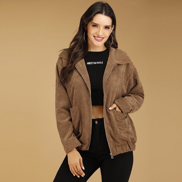 

Corduroy Dual Pockets Zip Up Jacket, Camel
