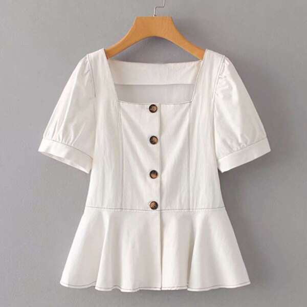 

Square Neck Button Through Peplum Blouse