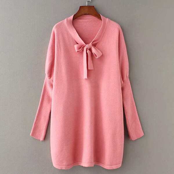 

Solid Tie Neck Mini Sweater Dress