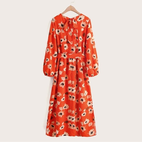 

Tie Back Bishop Sleeve Belted Floral A-line Dress, Orange