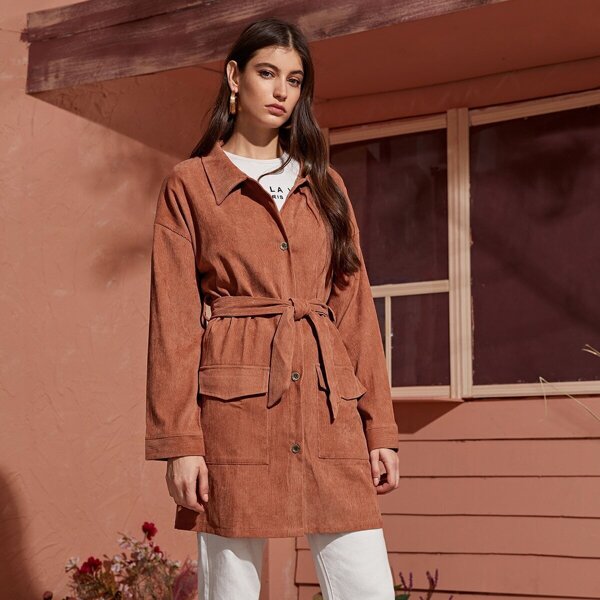 

Corduroy Button Front Flap Pocket Belted Coat