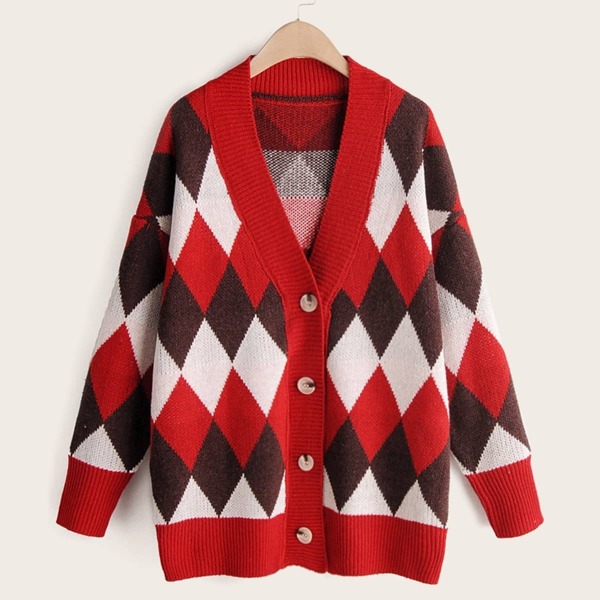 

V Neck Button Front Argyle Pattern Cardigan