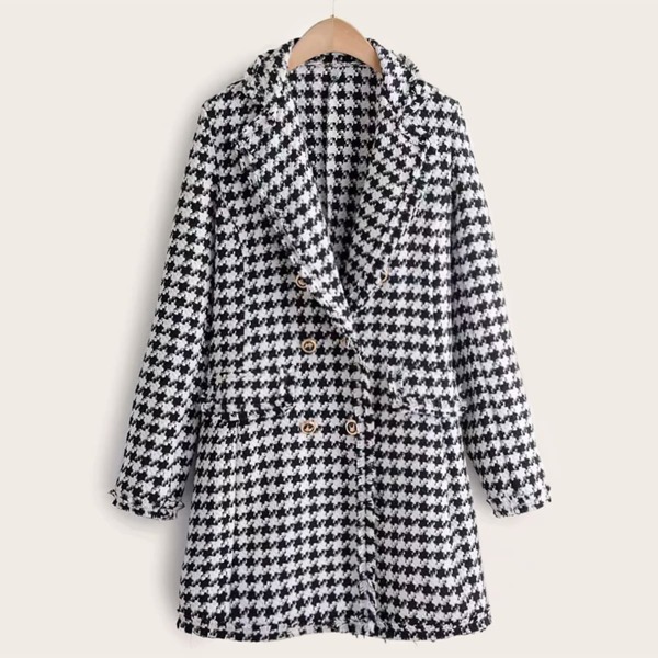 

Tweed Lapel Neck Double Breasted Houndstooth Coat, Black and white