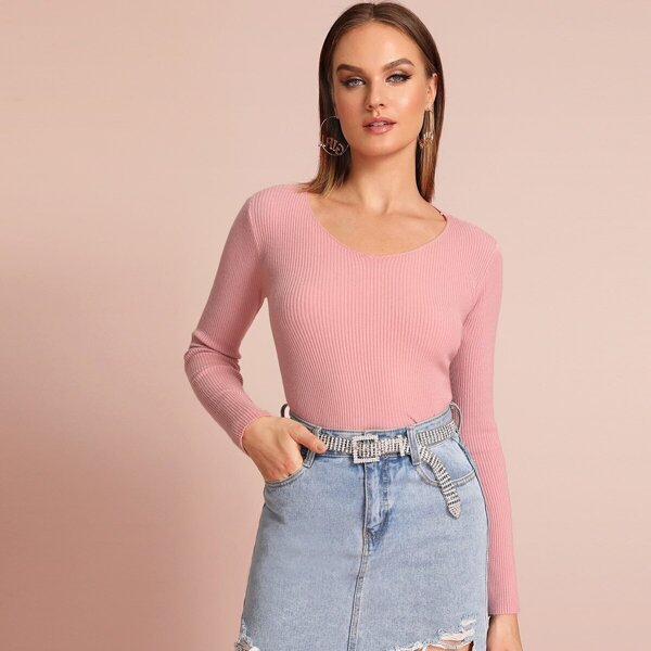 

Solid Scoop Neck Ribbed Knit Sweater, Pink