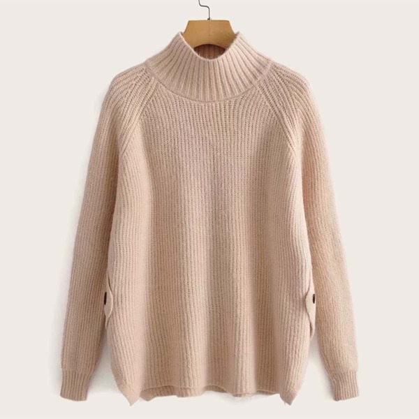 

High Neck Raglan Sleeve Ribbed Knit Sweater, Nude