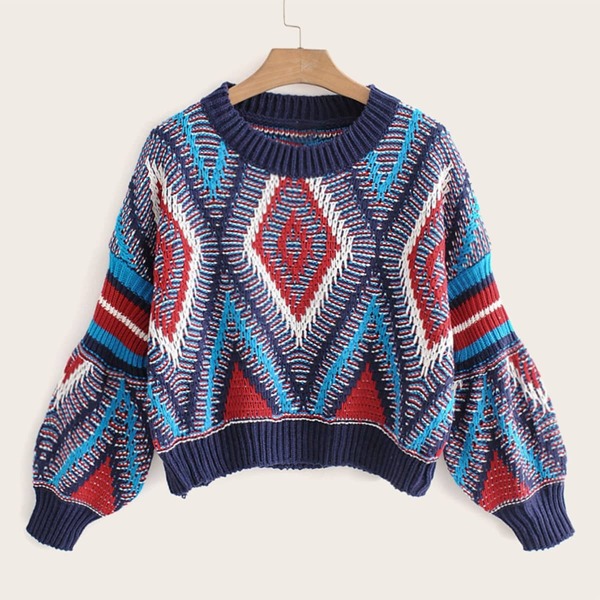 

Contrast Panel Bishop Sleeve Geo Pattern Sweater, Multicolor
