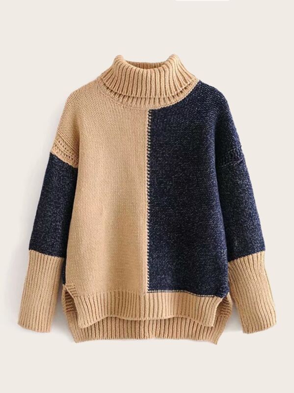 

Contrast Panel High Neck Split Sweater, Multicolor