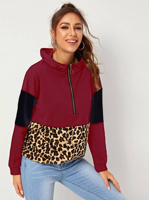 

Contrast Panel Half Placket Leopard Print Hoodie, Multicolor, Hanna
