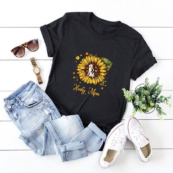 Dog And Sunflower Print Tee, Black