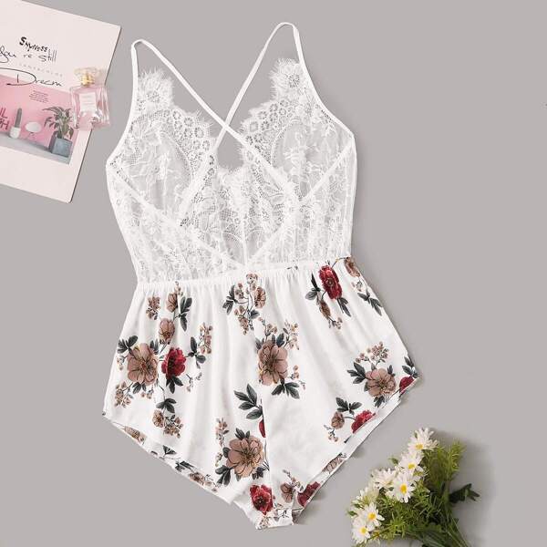 

Plus Contrast Lace Floral Satin Romper Bodysuit, White
