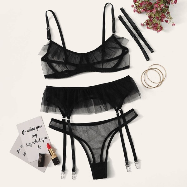 

Plus Sheer Mesh Garter Lingerie Set, Black