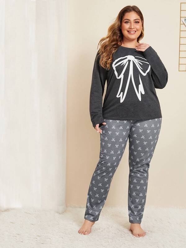 

Plus Bow Print Long Sleeve Pajama Set, Grey, Carol