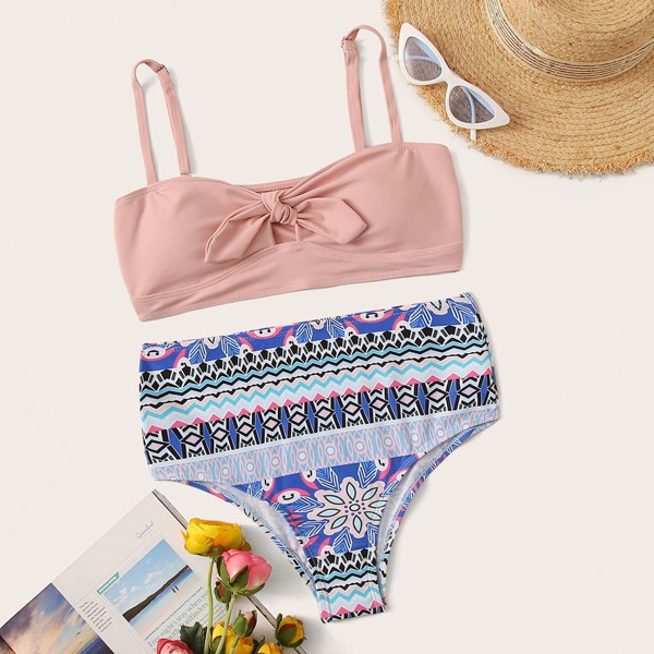 

Knot Front Top With Tribal High Waist Bikini Set