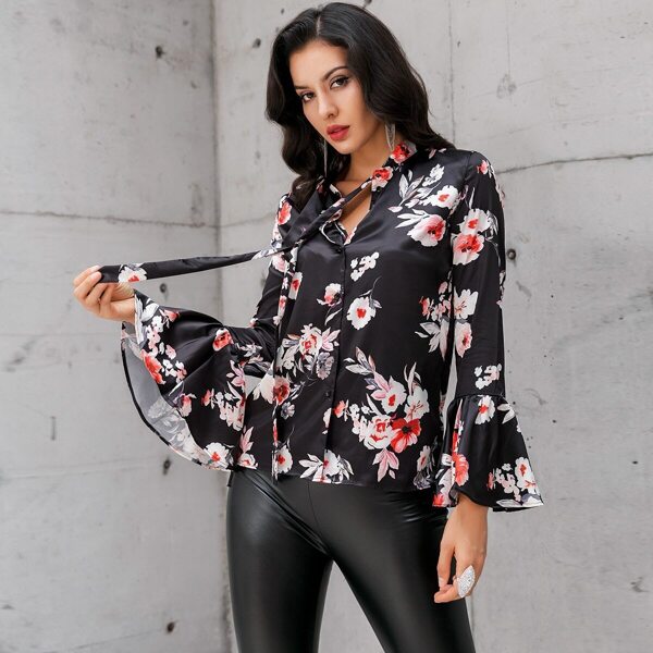 

Glamaker Floral Print Flounce Sleeve Tie Neck Satin Shirt, Multicolor