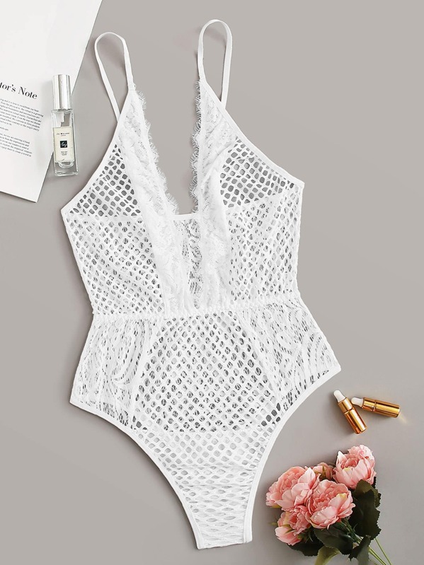 

Eyelash Floral Lace Fishnet Teddy Bodysuit, White