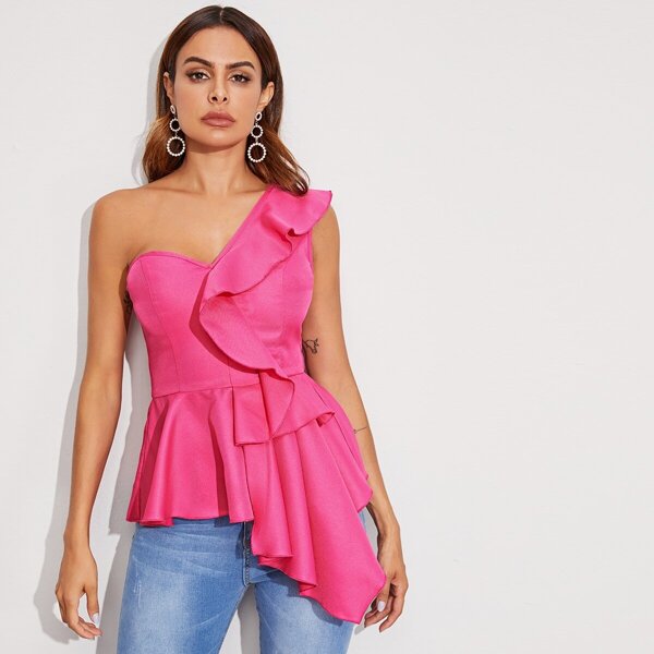

Neon Pink One Shoulder Ruffle Trim Peplum Top, Pink bright