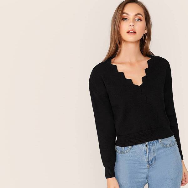 

Scallop Edge Wrap Solid Sweater, Black
