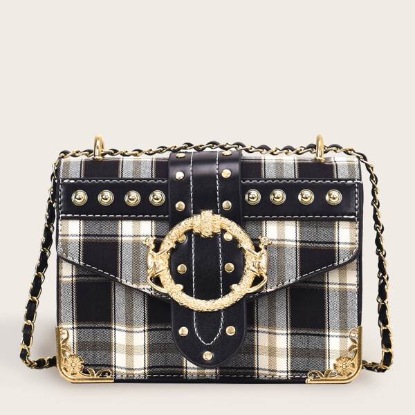 

Buckle Decor Plaid Chain Bag, Multicolor