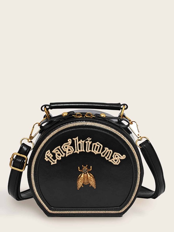 

Letter Embroidered Satchel Bag, Black