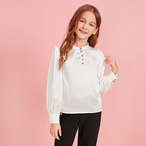 

Girls Buttoned Half Placket Puff Sleeve Satin Top, White