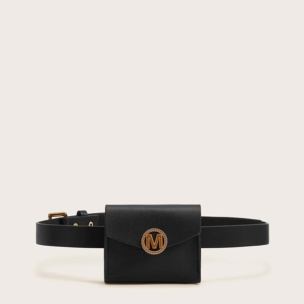 

Metal Letter Decor Flap Fanny Pack, Black
