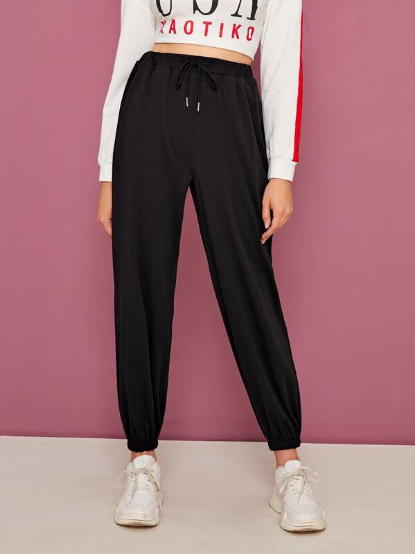 

Solid Slant Pocket Drawstring Waist Sweatpants, Black, Kisa