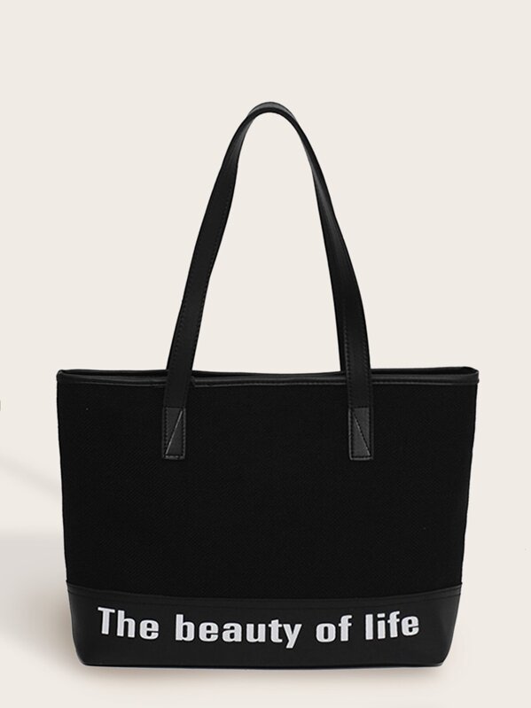 

Letter Print Tote Bag, Black