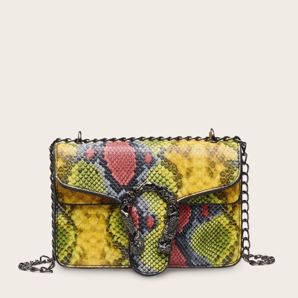 

Snakeskin Print Chain Bag, Multicolor