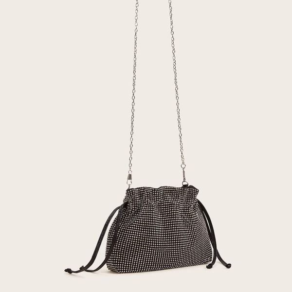 

Rhinestone Decor Drawstring Chain Clutch Bag, Black