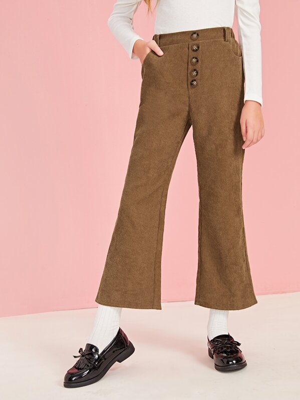

Girls Button Front Flare Leg Corduroy Pants, Brown, Sashab