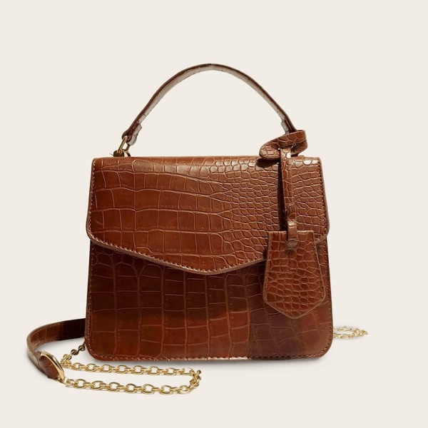 

Croc Embossed Satchel Bag, Brown