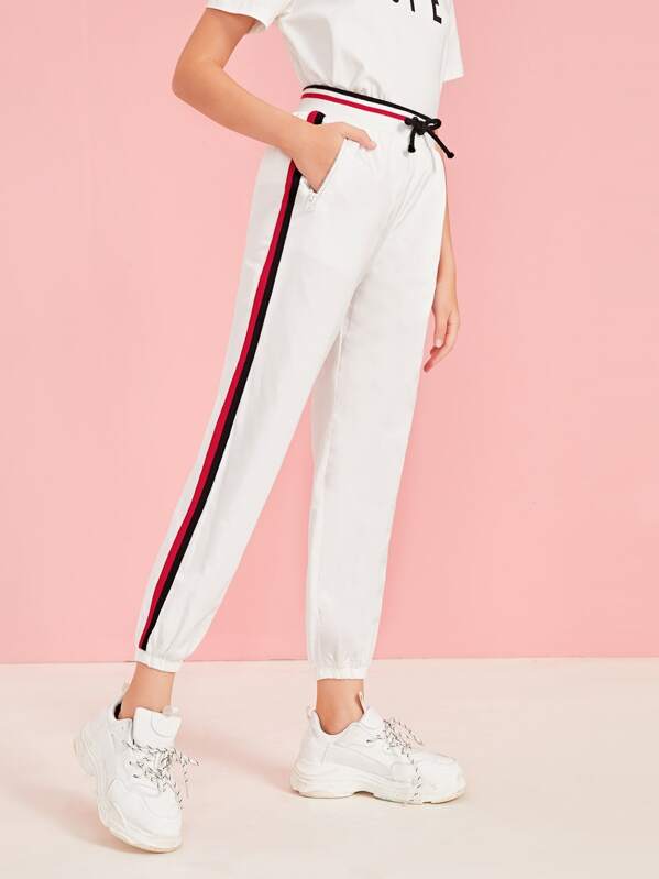 

Girls Striped Tape Detail Tie Waist Wind Pants, White, Sashab
