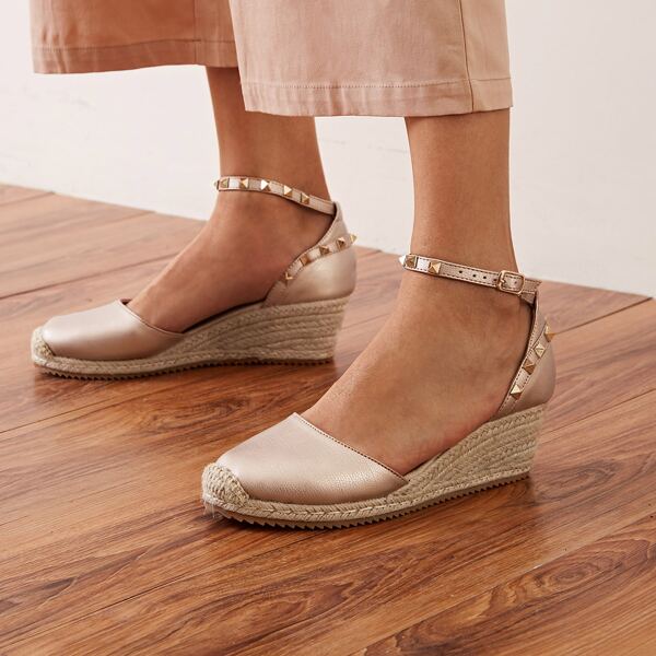 

Studded Decor Ankle Strap Espadrille Wedges, Champagne
