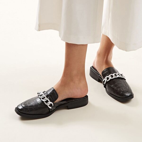 

Croc Embossed Chain Decor Loafers Mules, Black