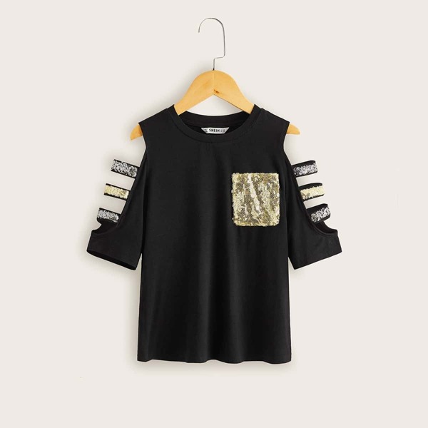 

Girls Contrast Sequin Cold Shoulder Patch Pocket Top, Black