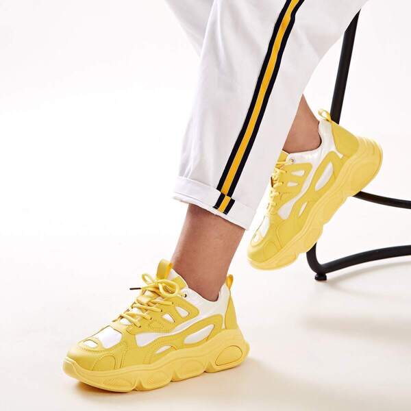 

Two Tone Lace-up Front Chunky Sneakers, Yellow