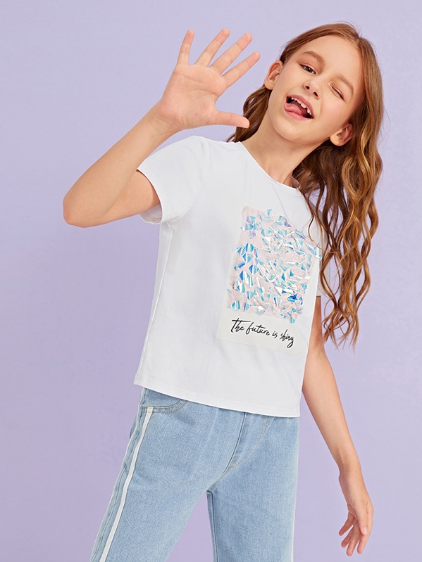 

Girls Graphic Print Tee, White, Sashab