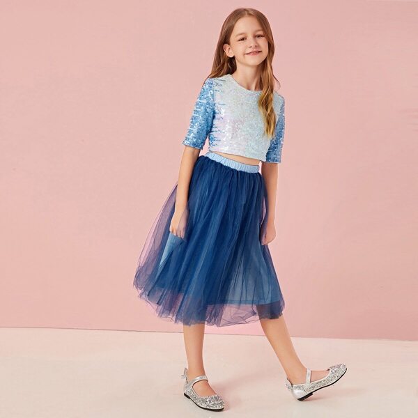 

Girls Zip Back Sequin Top & Mesh Overlay Skirt Set, Blue