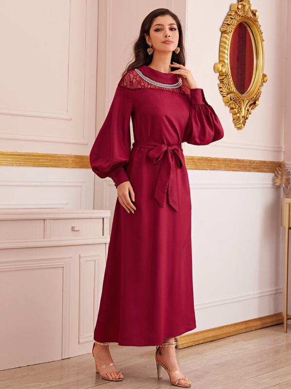 

Lace Insert Lantern Sleeve Belted Dress With Necklace, Burgundy, Taina