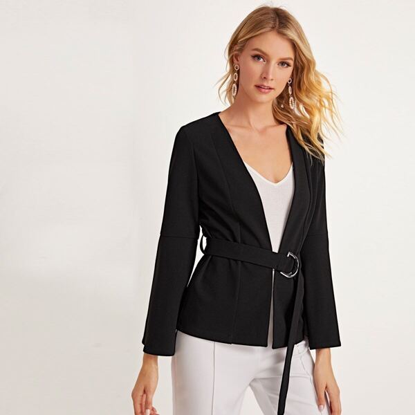 

Split Bell Sleeve D-ring Belted Blazer, Black