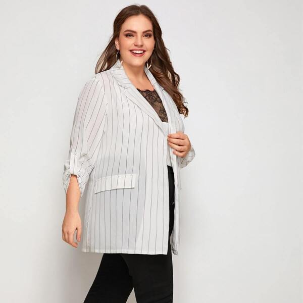 

Plus Notch Collar Roll Tab Sleeve Striped Blazer, White