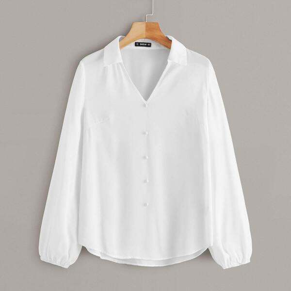

V-collar Button Detail Solid Blouse, White