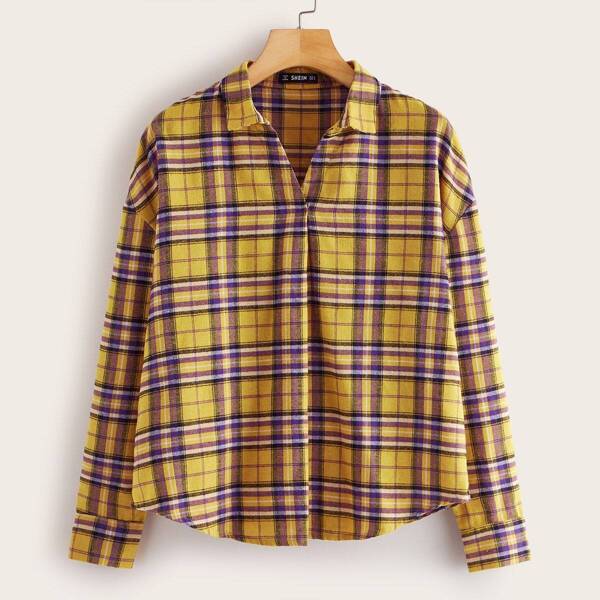

Collared Curved Hem Tartan Shirt, Yellow bright