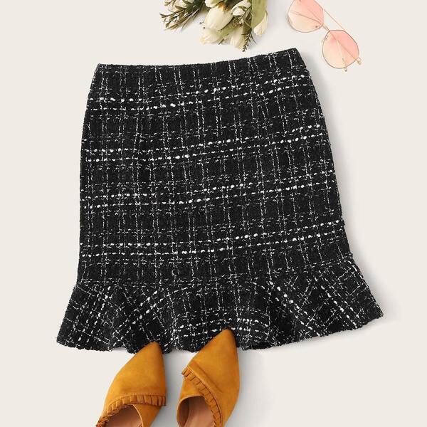 

Zipper Fly Ruffle Hem Tweed Skirt, Black