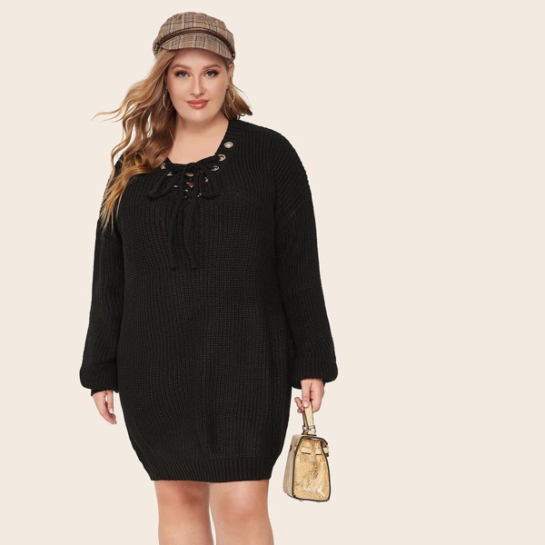 

Plus Lace Up Neck Sweater Dress, Black