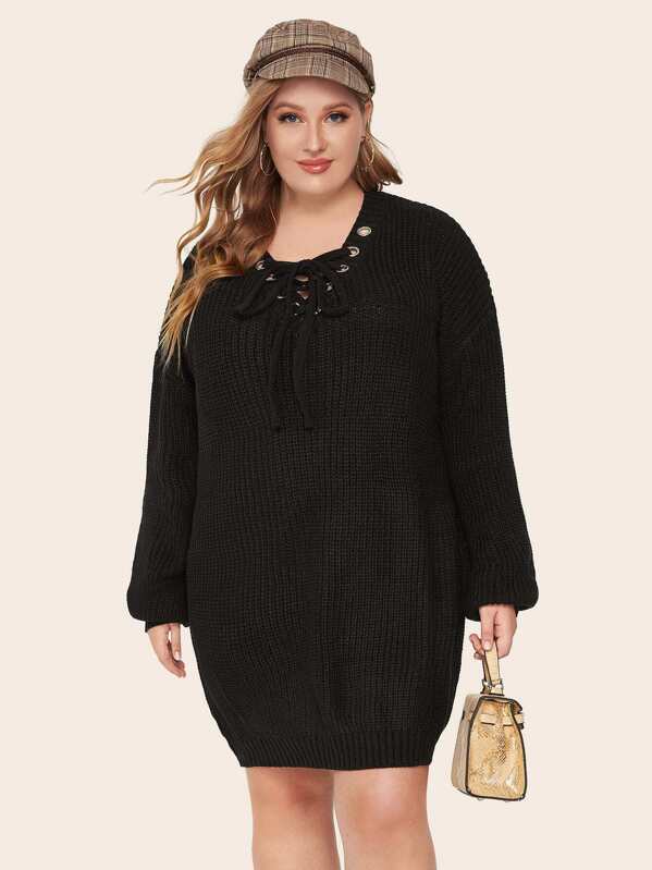 

Plus Lace Up Neck Sweater Dress, Black, Stanis