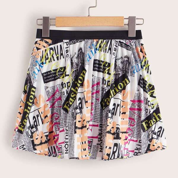 

Graphic Print Pleated Skirt, Multicolor